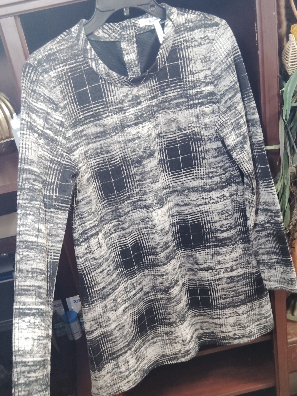 BCBGeneration Black and Gray Plaid-Effect Crewneck Sweater